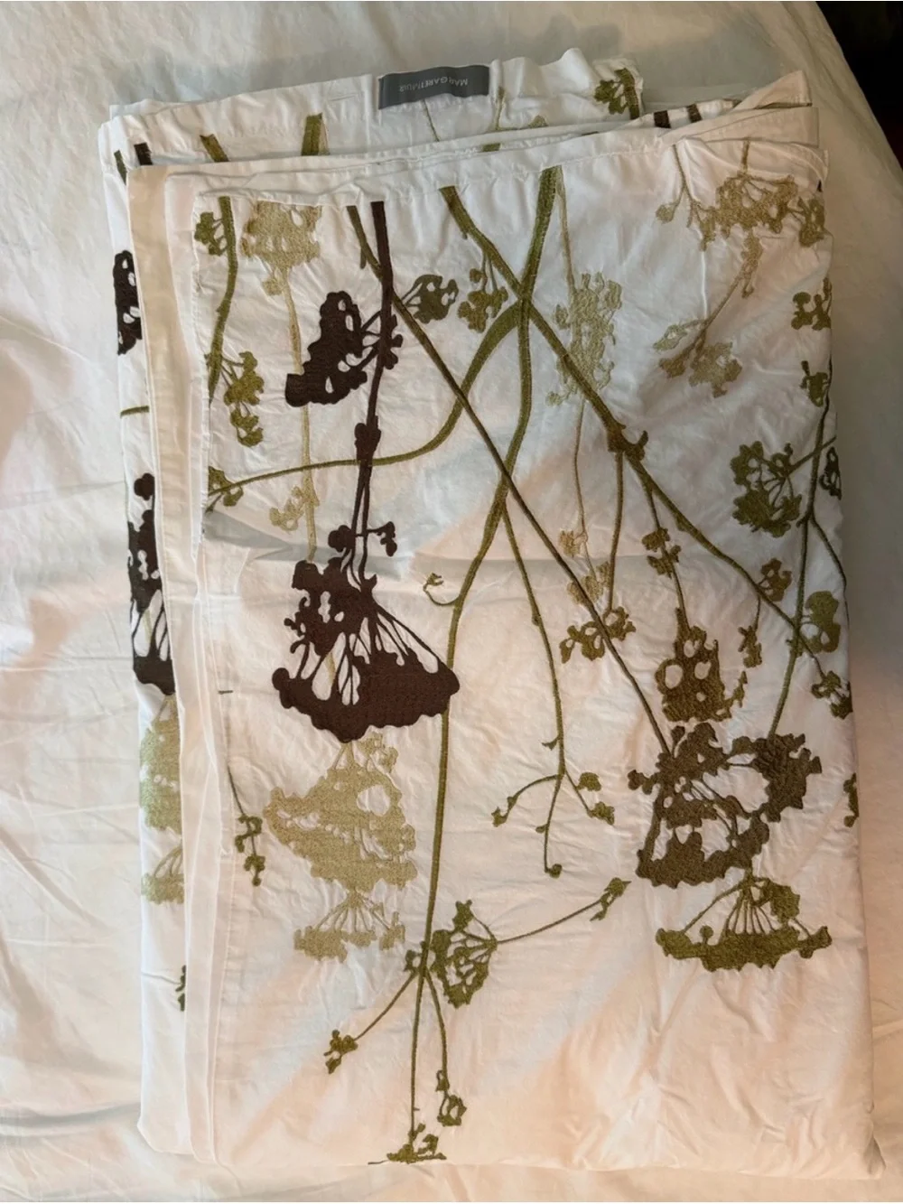 White Duvet Cover with Olive and Brown Botanical Embroidery